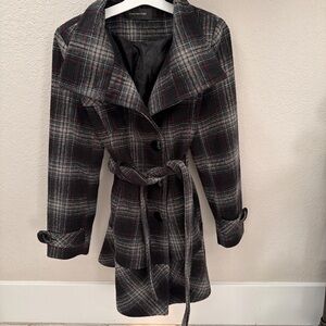 Jones New York Black, white,red green and Gray Plaid Wool Blend Coat Size Large